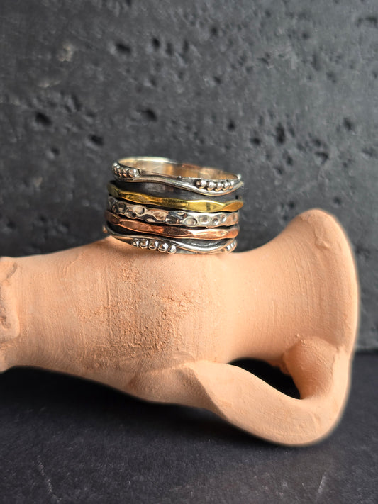 Sterling Oxidized Silver, Brass and Copper Spin Ring