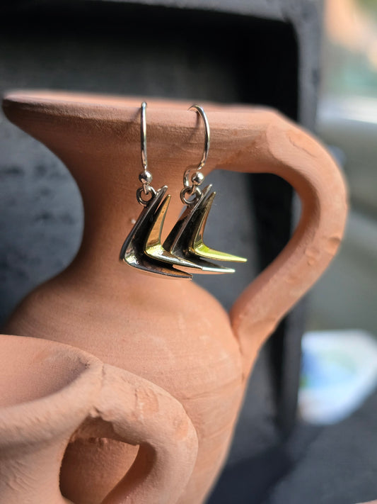 Oxidized Sterling Silver and Brass Boomerang Hook Earrings