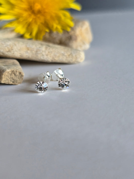 Round Crystal Sterling Silver Ear Studs