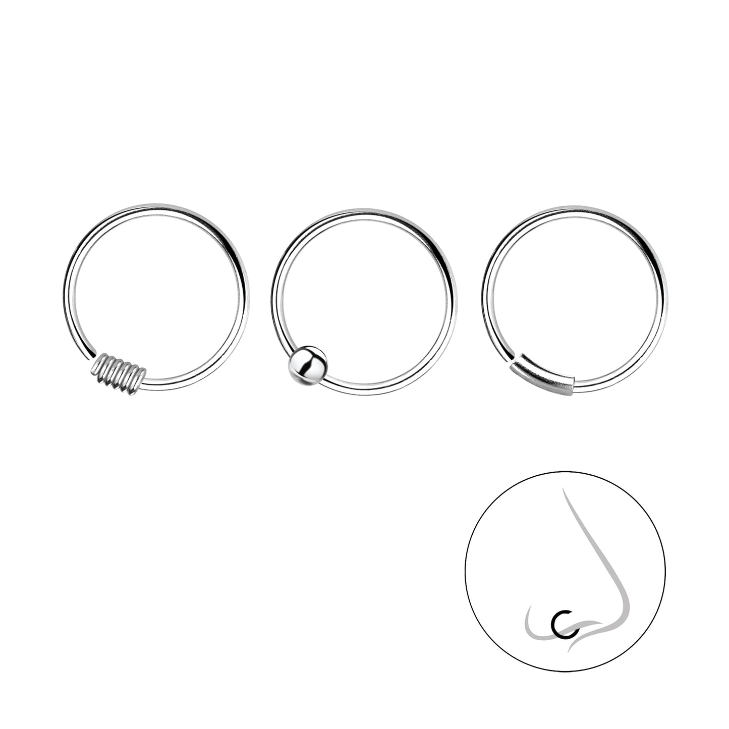 Sterling Silver Nose Ring Set-3 Pack